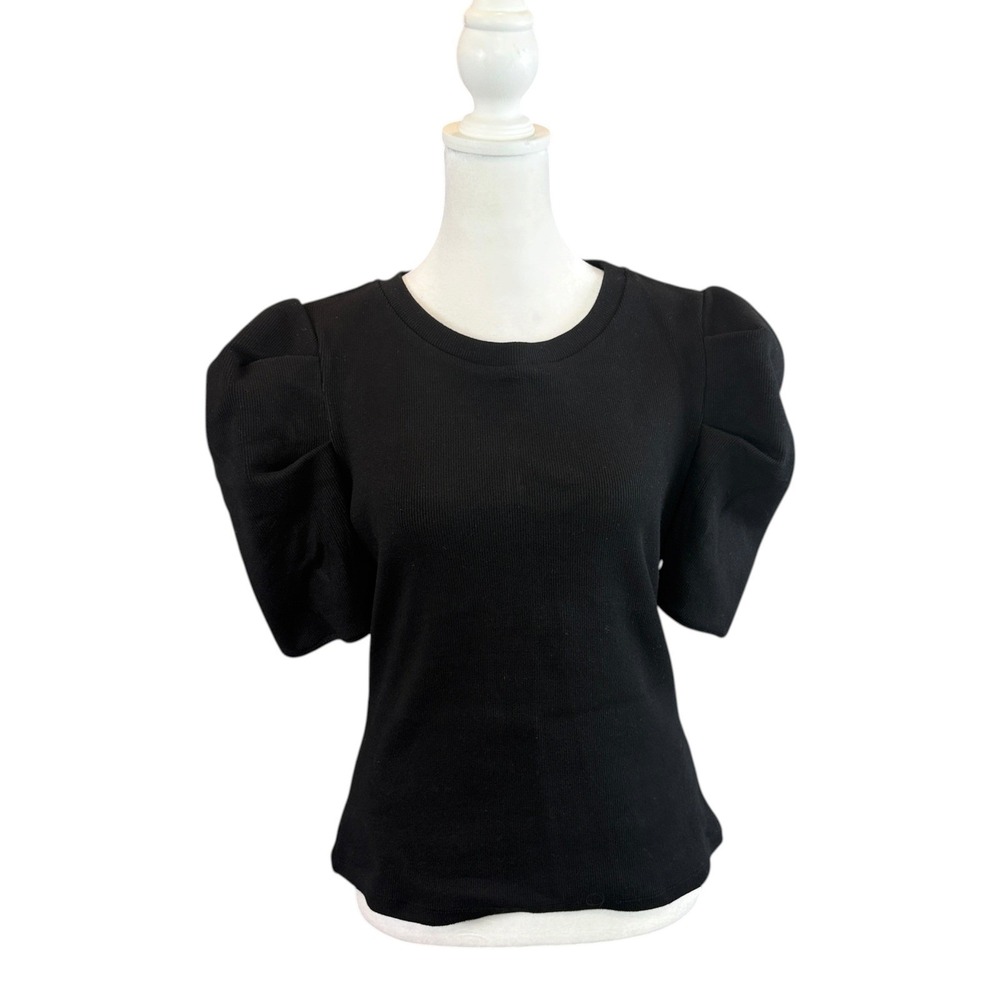 Anthropologie Puff Sleeve Top Women Medium Black Ribbed Crew Neck Romantic Chic